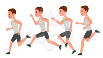 Male Running Vector. Animation Frames Set. Sport Athlete Fitness Character. Marathon Road Race Runner. Side View. Sportswear. Jogging, Workout. Isolated Illustration