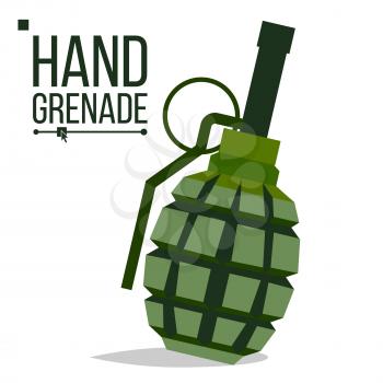 Grenade Vector. Big Bang. Green Classic Hand Grenade Bomb. Army Object. Battle Explosion. Artillery Military Design Element. Flat Isolated Illustration