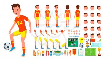 Soccer Player Male Vector. Animated Character Creation Set. Man Full Length, Front, Side, Back View, Accessories, Poses, Face Emotions, Gestures. Isolated Cartoon Illustration