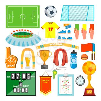 Soccer Icons Set Vector. Soccer Accessories. Ball, Uniform, Cup, Boots, Scoreboard Field Isolated Cartoon Illustration