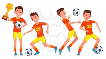 Soccer Male Player Vector. Playing In Different Poses. Summer Activity. Pass. Ball. Man Athlete. Isolated On White Cartoon Character Illustration