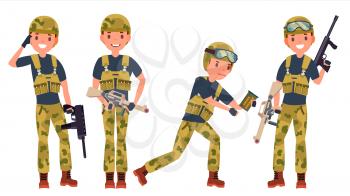 Soldier Male Vector. Different Poses. Military People In Action. Camouflage Uniform. Army. Cartoon Character Illustration