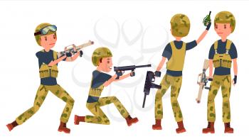 Soldier Male Vector. With Gun. Silhouette. Shooter. Camouflage Uniform. War. Isolated Flat Cartoon Character Illustration