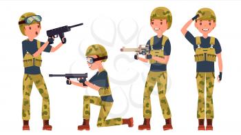 Young Army Soldier Man Vector. Poses. Ready For Battle. Camouflage Uniform. War. Man. Flat Military Cartoon Illustration