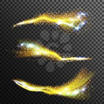 Gorgeous Sparkling Effect Vector. Flying Glittering Dust In The Air. Gold Particles Trail. Isolated On Transparent Background Illustration