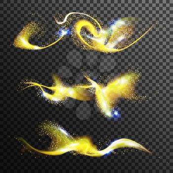 Sparkle Stardust Vector. Glowing Wave Shimmer. Bright Yellow Trail. Glittering Sequins In The Air. Isolated On Transparent Background Illustration