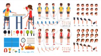 Table Tennis Player Male, Female Vector. Animated Character Creation Set. Ping Pong. Man, Woman Full Length, Front, Side, Back View, Accessories, Poses, Face Emotions Gestures Isolated Illustration