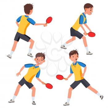 Table Tennis Male Player Vector. Playing In Different Poses. Game Match. Silhouettes. Man Athlete. Isolated On White Cartoon Character Illustration