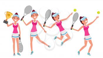 Woman Tennis Player Vector. Playing With The Ball. Different Poses. In Action. Flat Cartoon Illustration