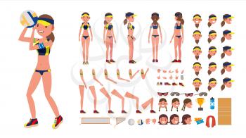 Volleyball Player Vector. Beach Volleyball Female Sport. Animated Character Creation Set. Full Length, Front, Back View, Accessories, Poses, Face Emotions, Gestures. Flat Cartoon Illustration