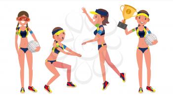 Woman Beach Volleyball Player Vector. Sporting Championship People. Different Position. Cartoon Character Illustration
