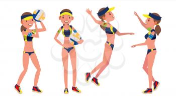 Beach Volleyball Player Vector. Girl. Modern Athlete. Beach Volley. Summer Team Sport. Players In Different Position. Isolated Flat Cartoon Character Illustration