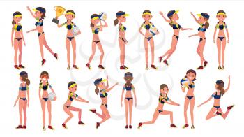 Beach Sport Volleyball Player Vector. Match Competition. Sport Event. Isolated On White Cartoon Character Illustration