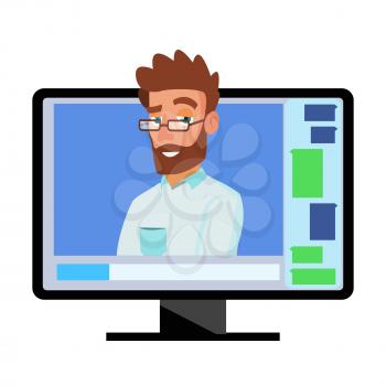Online Video Conference Vector. Man And Chat. Director Communicates With Staff. Webinar. Business Meeting, Consultation, Seminar, Online Training Concept. Flat Cartoon Isolated