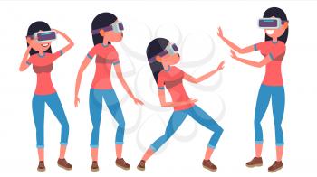 Woman In Virtual Reality Glasses Vector. Virtual Cyberspace. 3D VR Glasses. Vr Technology. In Action. Flat Illustration