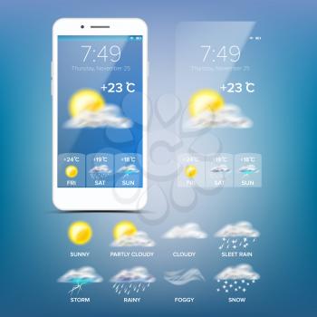 Weather Forecast App Vector. Realistic Smartphone Screen. Weather App With Icons. Design Element Illustration
