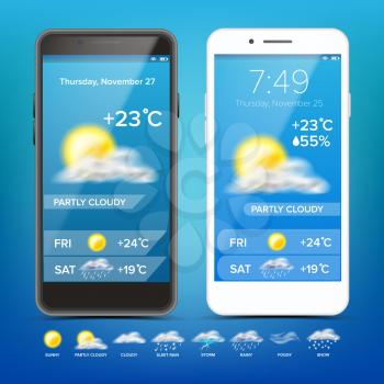 Weather Forecast App Vector. Weather Icons Set. Blue Background. Mobile Weather Application Screen. Illustration