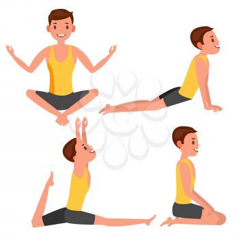 Yoga Man Poses Set Vector. Girl. Yoga Poses. Doing Yoga Workout. Flat Cartoon Illustration