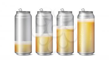 Realistic Beer Cans Mockup Vector. Beer Background Texture With Foam And Bubbles. Different Level Of Beer. Macro Of Refreshing Beer. Isolated