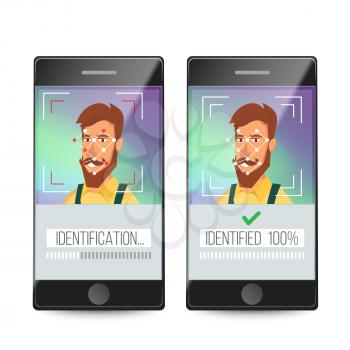 Biometric Facial Identification Vector. Mobile App For Face Recognition. High-tech Technology Illustration