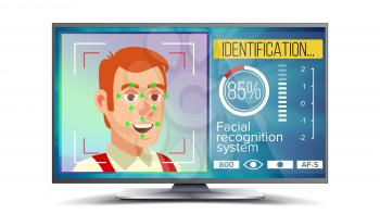 Face Recognition And Identification Vector. Face Recognition Technology. Face On Screen. Human Face With Polygons And Points. Scanning Security