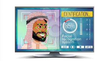 Face Recognition, Identification System Vector. Face Recognition Technology. Arab Face On Screen. Human Face With Polygons And Points. Scanning Illustration