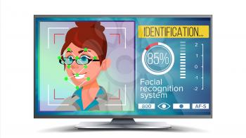 Face Recognition, Identification System Vector. Face Recognition Technology. Woman Face On Screen. Human Face With Polygons And Points. Scanning Illustration