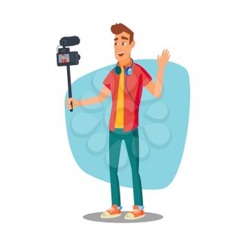 Video Blogger Vector. Classic Man Blogger With Camera. Records Video Blog. Isolated On White Cartoon Character Illustration
