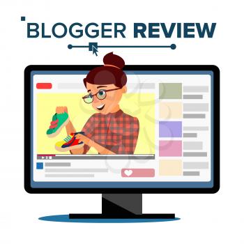 Blogger Review Concept Vetor. Popular Young Video Streamer Blogger Girl, Woman. Fashion Blog. Live Broadcast. Online Channel. Isolated Illustration