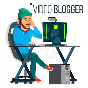 Man Blogger Vector. Video Concept. Professional Gamer. Personal Weblog Channel. Blogosphere Online. Popular Videobloggers. Flat Vector Illustration