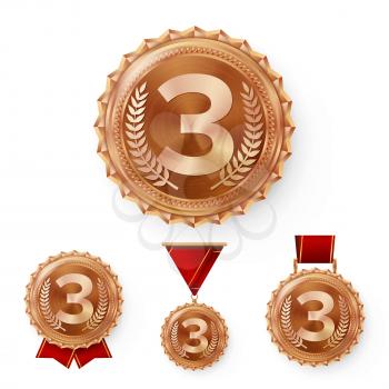 Champion Bronze Medals Set Vector. Metal Realistic 3rd Placement Winner Achievement. Number Three. Round Medal With Red Ribbon. Relief Detail. Best Challenge Award Sport Competition Game Copper Trophy