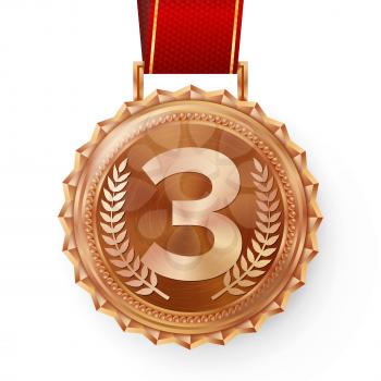 Bronze Medal Vector. Bronze, Copper 3rd Place. Ceremony Winner Honor Prize. Isolated On White. Olive Branch. Realistic Illustration.