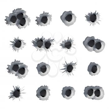 Bullet Holes Set Vector. Realistic Caliber Weapon Bullet Holes Punched Through Metal Isolated On White Background. Crime Concept. Effect Damage Illustration