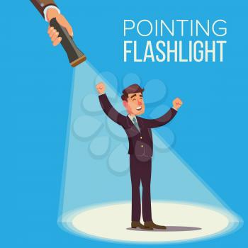 Choosing An Employee Vector Concept. Smiling Business Man In Suit. Standing. Person For Hiring. Flashlight Pointing To Happy Employee. Select People. Flat
