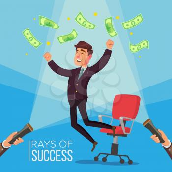 Happy Manager, Businessman Vector. Man Worker Getting A Lot Of Money And Jumping From An Office Chair. Flashlight And Hand. Flat