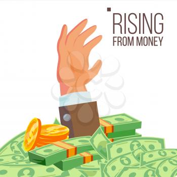 Businessman Hand Rising From Money Vector. Isolated Illustration