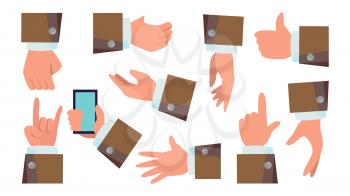 Hands Gestures Set Vector. Businessman Hands. Different Action Poses. Flat Cartoon Isolated