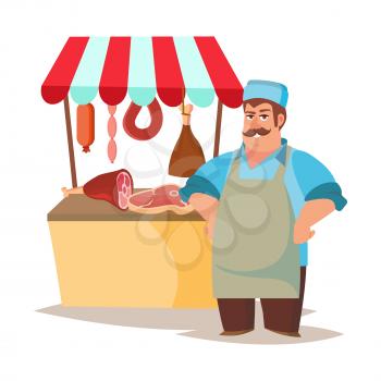 Butcher Character Vector. Classic Professional Butcher Man With Knife. For Steak, Meat Market, Storeroom Advertising Concept. Cartoon Isolated Illustration.
