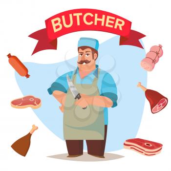 Classic Butcher Vector. Professional Butcher Man With Meat Cleaver. For Meat Market Advertising Concept. Eco Farm Organic Market Meat. Cartoon Isolated Illustration.