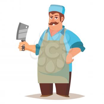 Professional Butcher Vector. Classic Butcher Man With Knife. Eco Farm Organic Market. For Storeroom Advertising. Cartoon Isolated Illustration.