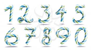 Numbers Sign Set Vector. 3D Numerals. Figures 1, 2, 3, 4, 5, 6, 7, 8 9 0 Christmas Colours Blue Green Striped Classic Xmas Mint Hard Candy Cane New Year Design Isolated On White