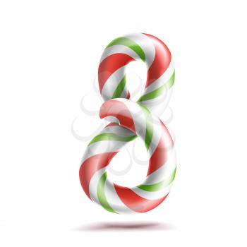 8, Number Eight Vector. 3D Number Sign. Figure 8 In Christmas Colours. Red, White, Green Striped. Classic Xmas Mint Hard Candy Cane. New Year Design. Isolated