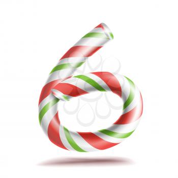 6, Number Six Vector. 3D Number Sign. Figure 6 In Christmas Colours. Red, White, Green Striped. Classic Xmas Mint Hard Candy Cane. New Year Design. Isolated