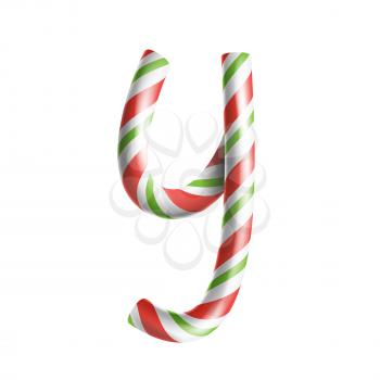 Letter Y Vector. 3D Realistic Candy Cane Alphabet Symbol In Christmas Colours. New Year Letter Textured With Red, White. Typography Template. Striped Craft Isolated Object. Xmas Art