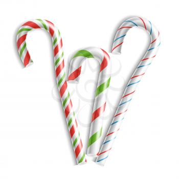 Classic Candy Cane Vector. 3D Realistic Christmas Candy Cane Set Striped In Christmas Colours. For Xmas Card And New Year Design. Isolated On White Illustration