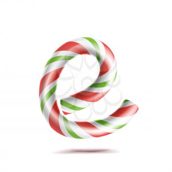 Letter E Vector. 3D Realistic Candy Cane Alphabet Symbol In Christmas Colours. New Year Letter Textured With Red, White. Typography Template. Striped Craft Isolated Object. Xmas Art