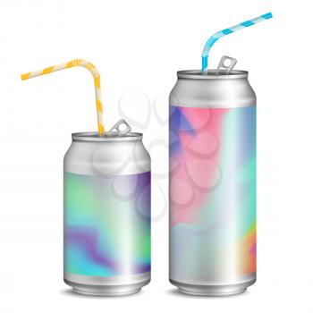 Realistic Metallic Can Vector. Soft Energy Drink. 3D Template Aluminium Cans. Colorful Drinking Straws. Different Types. Good For Branding Design. 500, 300, 250 ml. Isolated Illustration