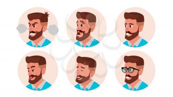 Character Business People Avatar Vector. Bearded Man Face, Emotions Set. Creative Default Avatar Placeholder. Cartoon, Business Comic Illustration