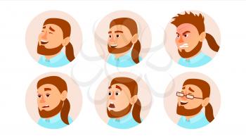Character Business People Avatar Vector. Fat Bearded Man Face, Emotions Set. Creative Avatar Placeholder. Cartoon, Comic Illustration