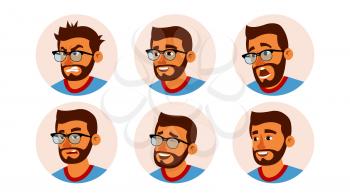 Hindu Character Business People Avatar Vector. Bearded Man Face, Emotions Set. Creative Avatar Placeholder. Cartoon, Comic Illustration